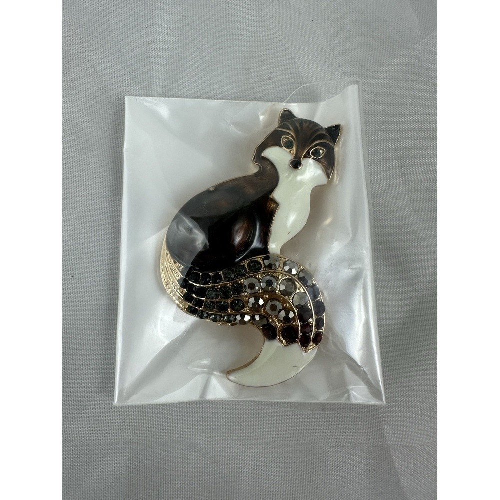 Fox Brooch Pin Enamel & Rhinestone 2"X1.5" Fashion Jewelry Dark Brown Woodland